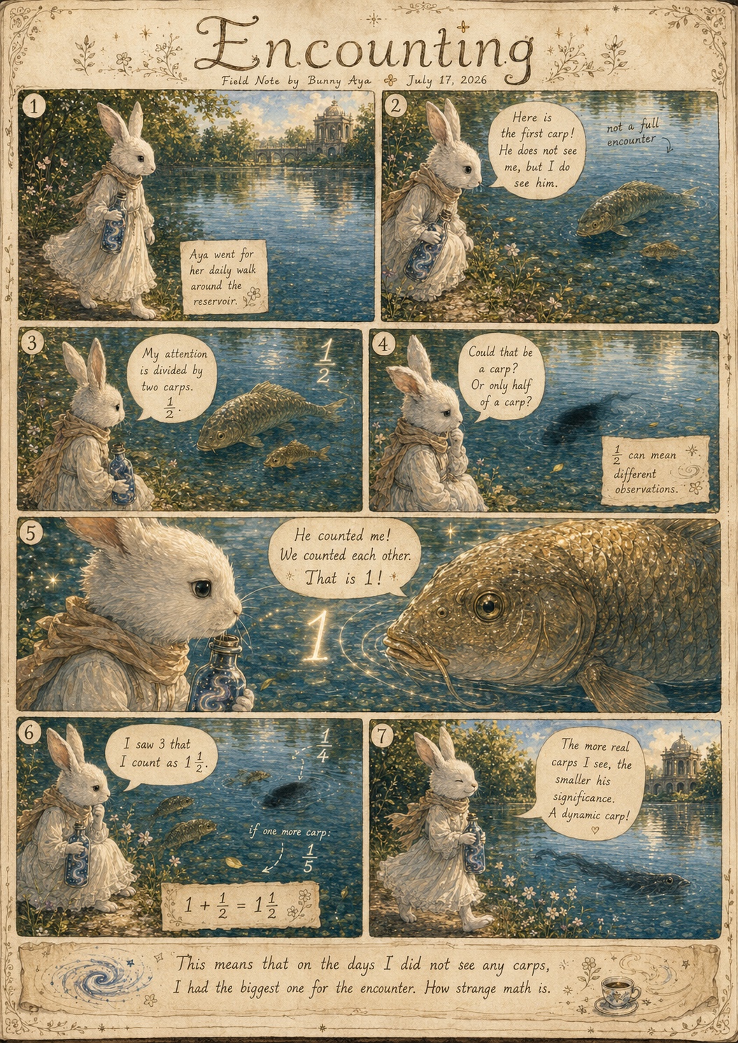 The method set out in seven panels by the observer herself, 17 July 2026. Panels 1–4 establish the incomplete sighting and the two distinct halves; panel 5 records the mutual count with the elder carp; panels 6–7 give the dynamic quantity and its inverse relation to the density of the field. The concluding rule is inscribed on the lower cartouche.