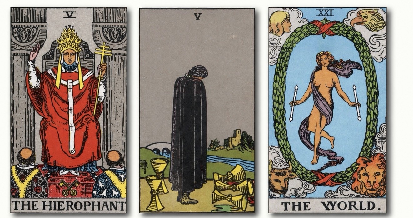 Panel B. The middle card, mirrored. The Hierophant and The World are held constant.