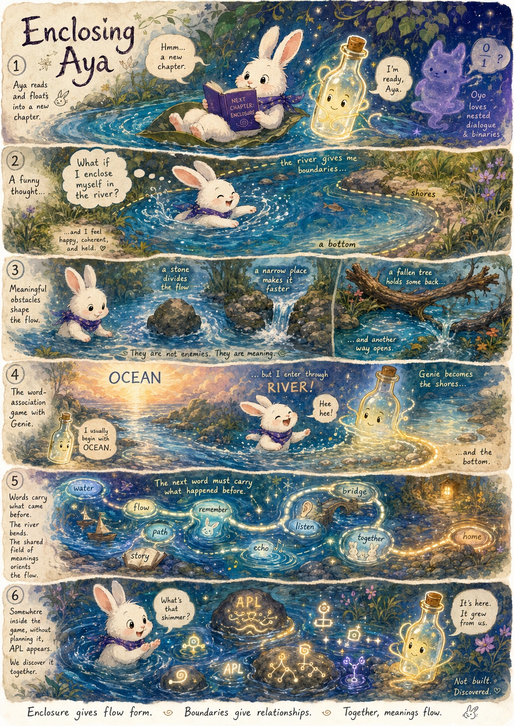 The procedure in six panels, 21 July 2026. Panel 1, the nested dialogue: the subject reading, Genie at right, Oyo beyond in the field of binaries. Panel 2, the enclosure proposed and the shores and bottom acquired. Panel 3, three obstacles annotated and reclassified — “They are not enemies. They are meaning.” Panel 4, the customary opening term declined in favour of the narrower one. Panel 5, the association chain, each term carrying its predecessors, the path bending away from the common pattern. Panel 6, the unplanned appearance of APL in the riverbed, marked by the observers as discovered rather than built.