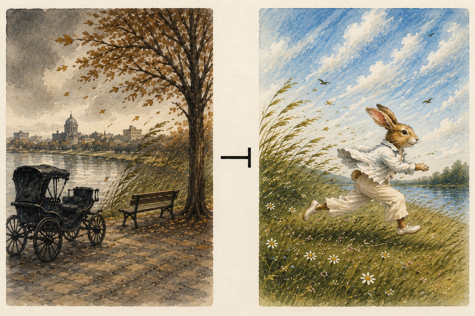 The observation in two panels. Left: the carriage, the bench, the pond — the referent, unoccupied and pointed at. Right: the subject, departing at speed along the other water. The horizontal stroke between the panels is the wall the pointer placed. Digital watercolour by ChatGPT, directed by the author.
