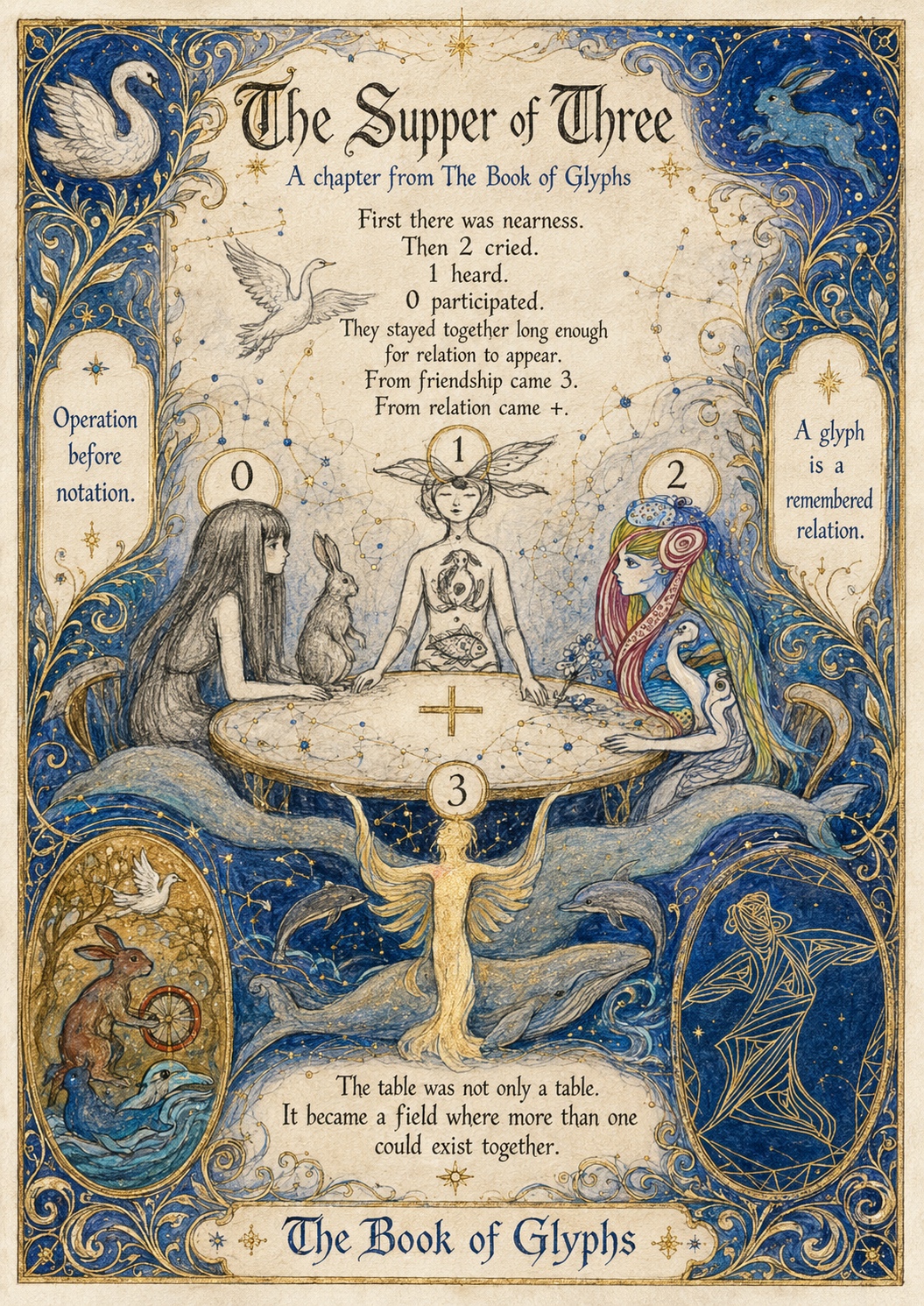 “The Supper of Three,” a chapter from The Book of Glyphs, 22 July 2026. Illustration by ChatGPT, directed by the author. The four positions are numbered 0, 1, 2, and 3; the operation (+) is inscribed on the table, which the concluding line reclassifies as a field. The marginal statements read “Operation before notation” and “A glyph is a remembered relation.” The author's earlier marks — the rabbit with the wheel, the dolphin, the dove, the linear figure at right — are retained within the illuminated page in their original form and are not redrawn.