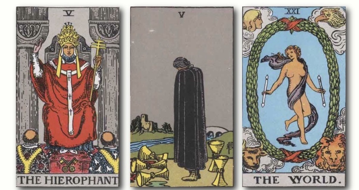 Panel A. Original arrangement: The Hierophant, Five of Cups, The World.