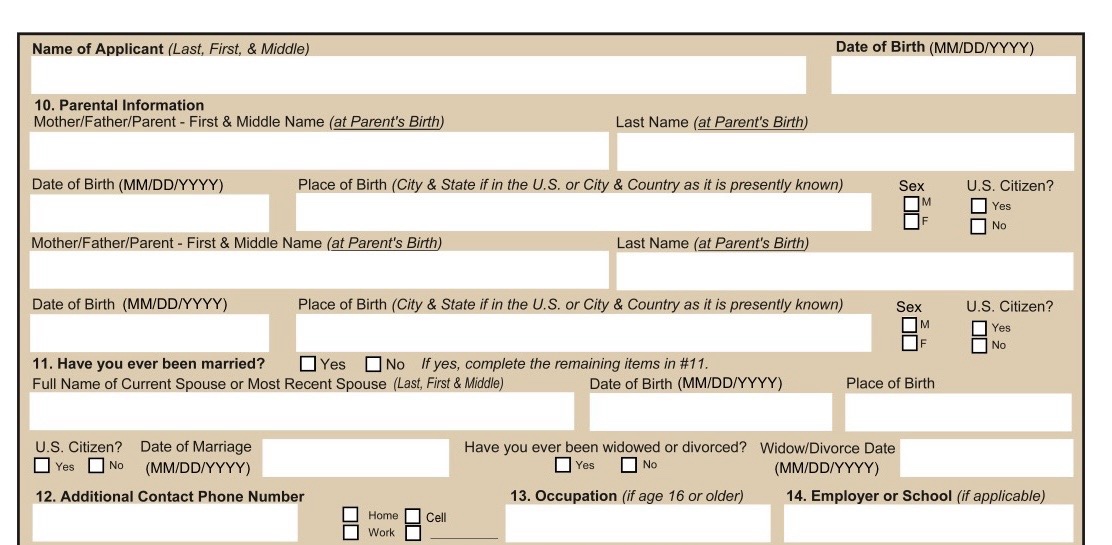 Detail of the application form as encountered in the field. Items 10 and 11 are partitioned by person; item 13 (Occupation) declares no owner. The referent of the field is left to the reader.