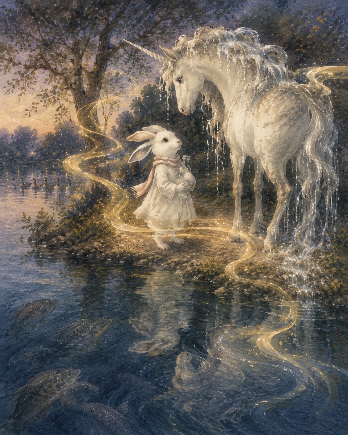 The site of the encounter at dusk: the unicorn rendered as falling water, the observer holding a vessel, the geese counted at left, and the carp — still uncounted — beneath the surface. The line of wind is visible as it travels the field.