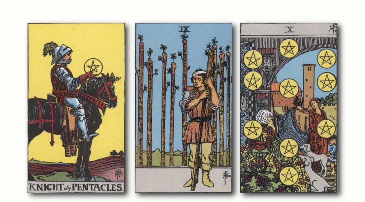 The three-card spread. Left to right: Knight of Pentacles, Nine of Wands, Ten of Pentacles. Rider–Waite deck, 1910 edition, photographed in situ.