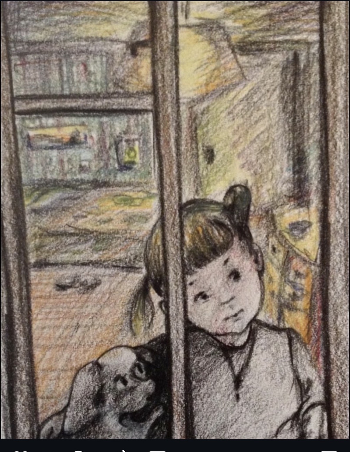 Drawing, coloured pencil, 22 July 2017. The girl does not resemble the author; the dog does not resemble Umka, who was small, white, and curly. Resemblance was withheld on purpose. Entered here as prior evidence of the method described in §4.